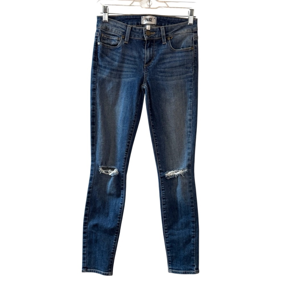 PAIGE Women's Skinny Jeans - Dark Blue with Knee Rips